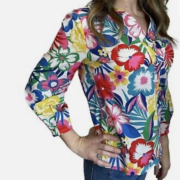 Boden Floral woven V Neck Popover 100% cotton blouse- EUC Size 4 - Picture 2 of 12